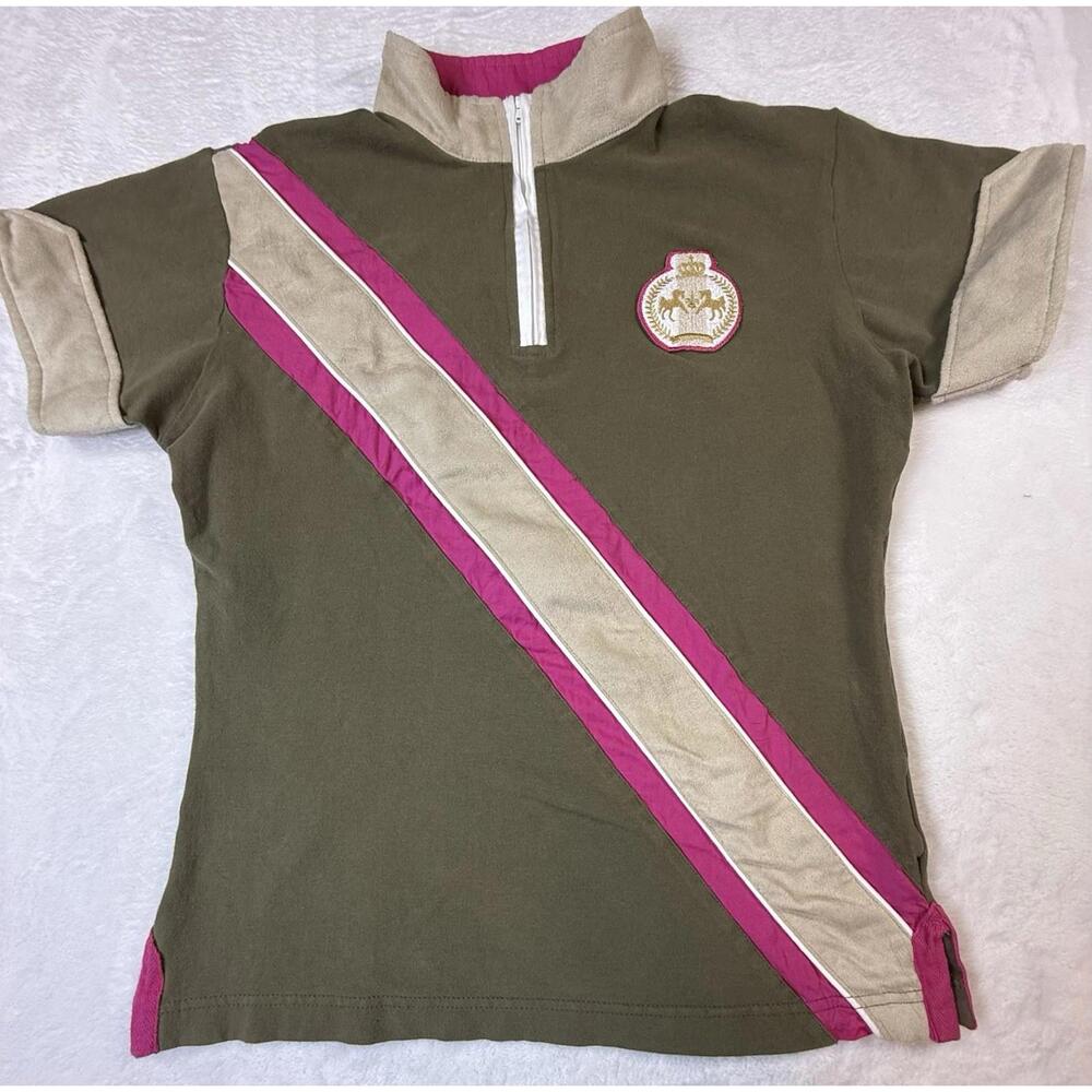 Equine Couture~ Women's Military Olive Green & Pink 1/4 Zip Short Sleeve Medium